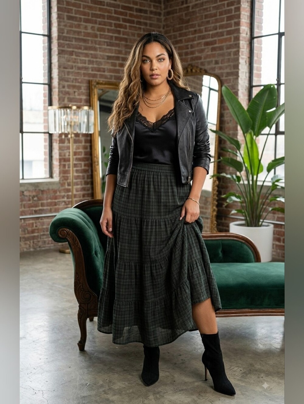 NWT LC Lauren Conrad Blck Grey Plaid Tiered Mixi Skirt